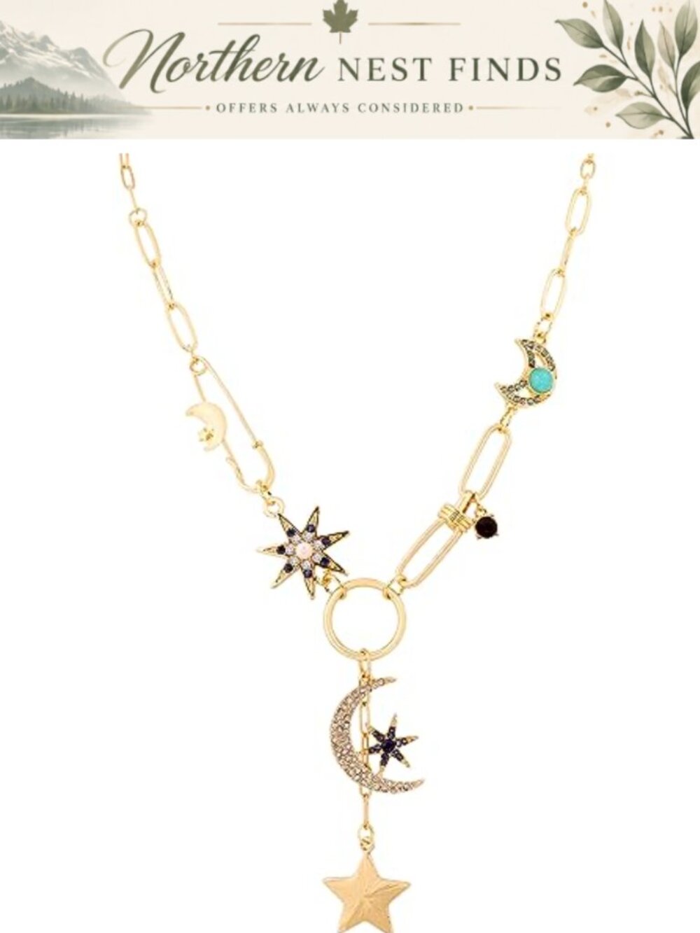 Gothic Boho Moon and Star Charm Necklace Zinc Alloy Celestial Jewelry